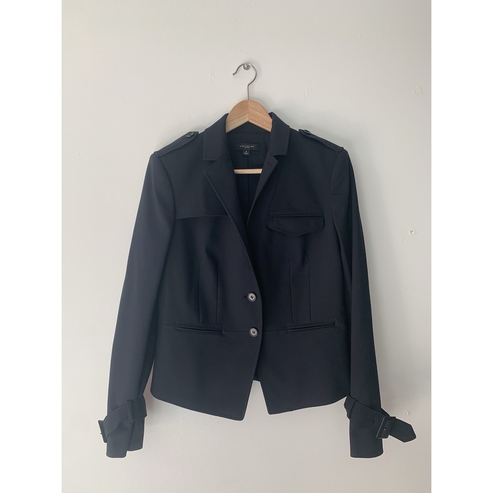 Ann Taylor Trench Style Blazer Buckle Cuff Dark Navy Single Breasted Sz 8 Paris